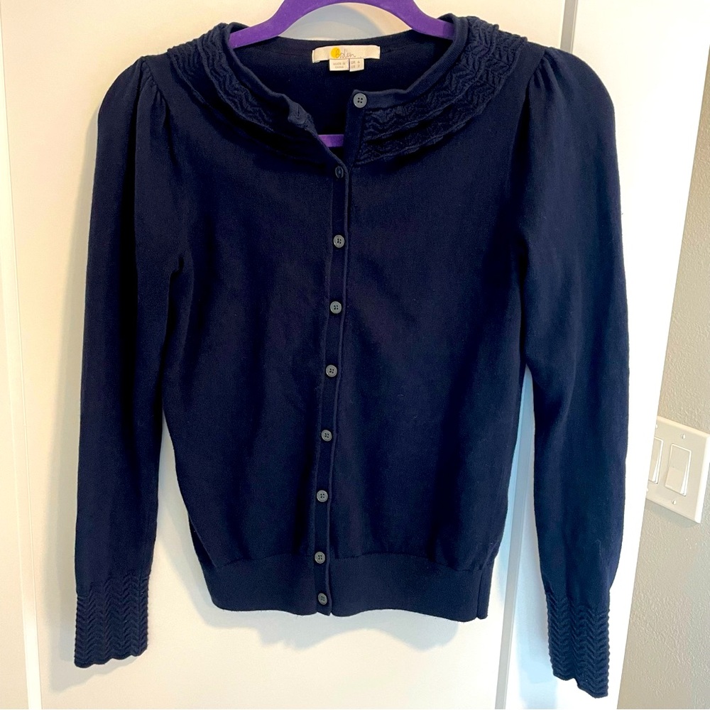Boden navy blue cardigan with crochet collar and cuffs UK6 XS